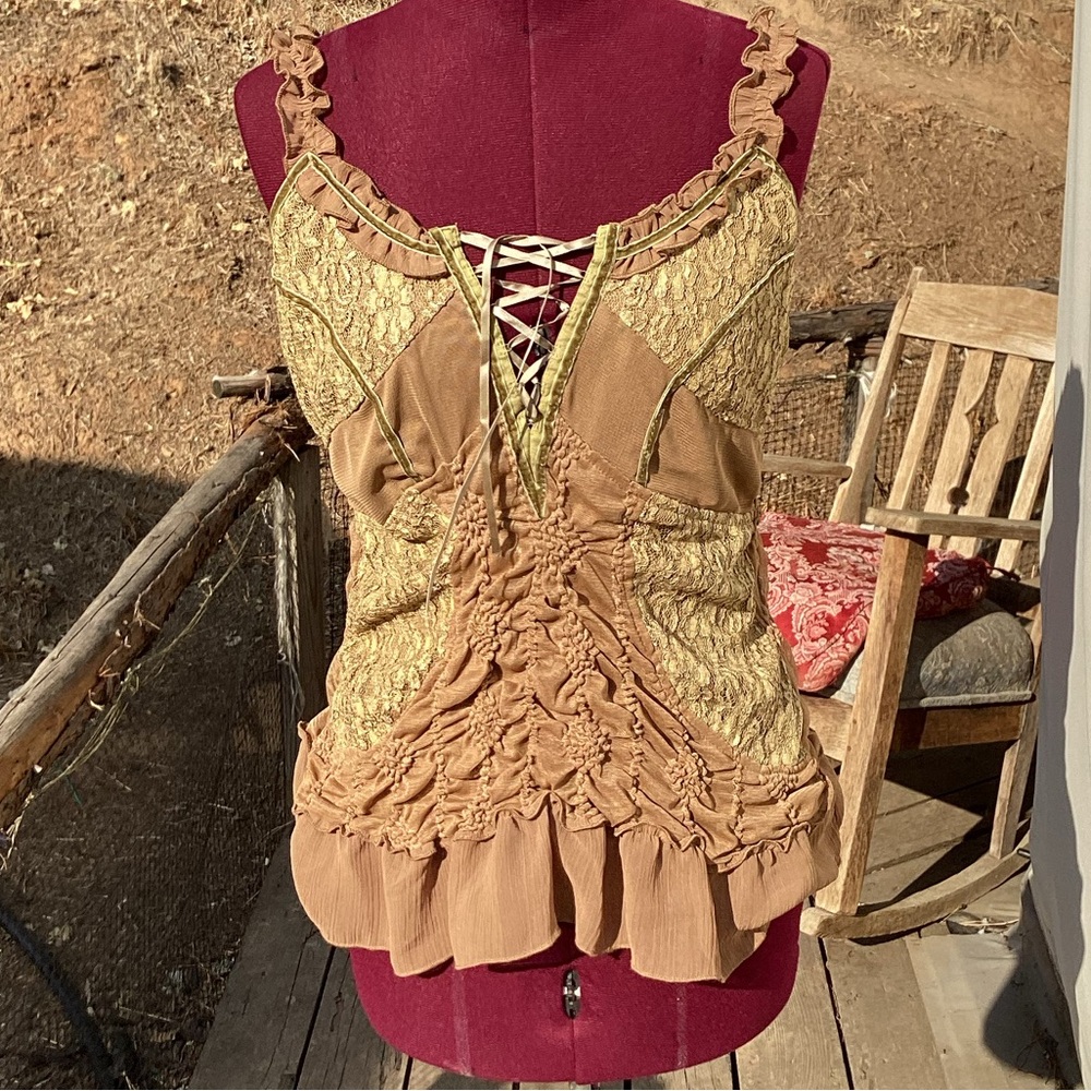Lace-Up Ruffled Camisole in Tan and Cream